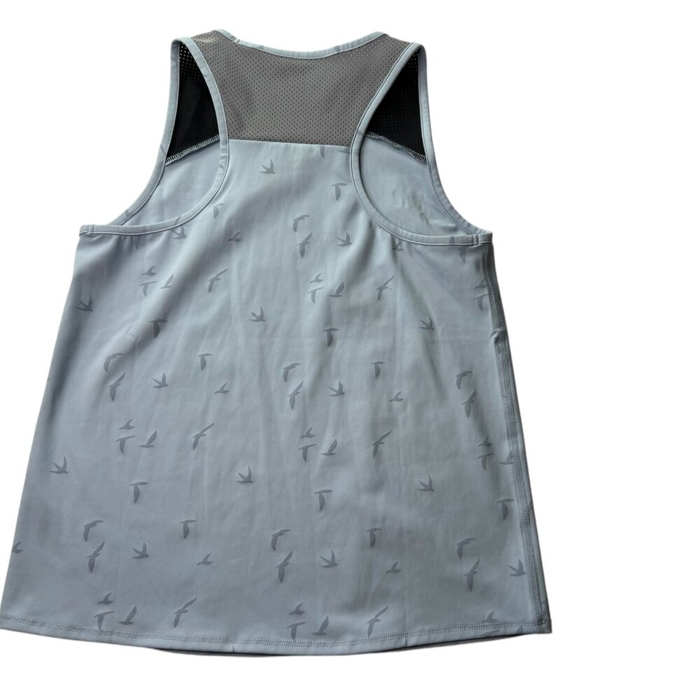 OISELLE Racerback Tank Top Athletic Running Yoga Light Blue w Gray Birds Print